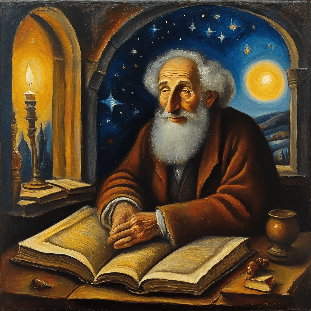 Wise elder studying by candlelight