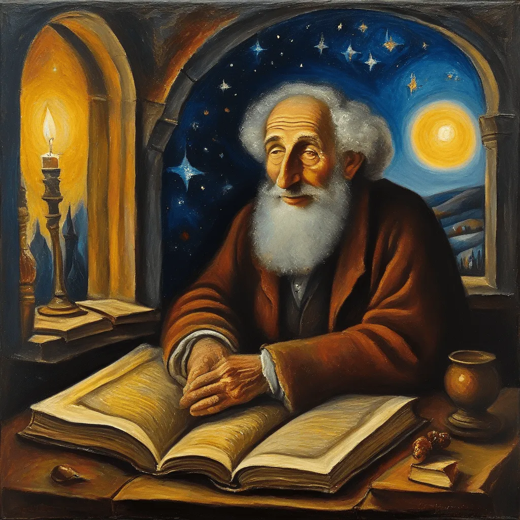 Wise elder studying by candlelight